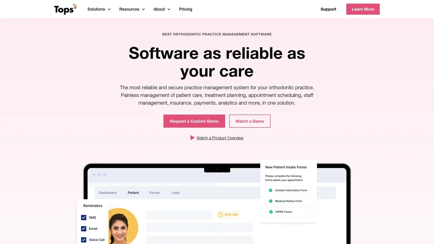 Tops orthodontic practice management software homepage