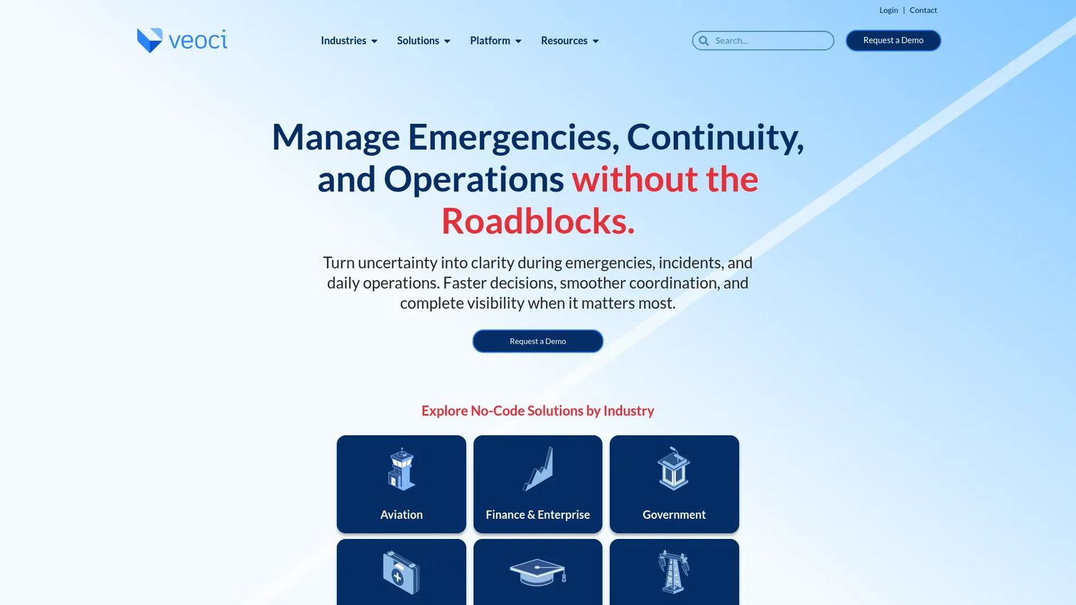 Veoci no-code operations and emergency management platform homepage