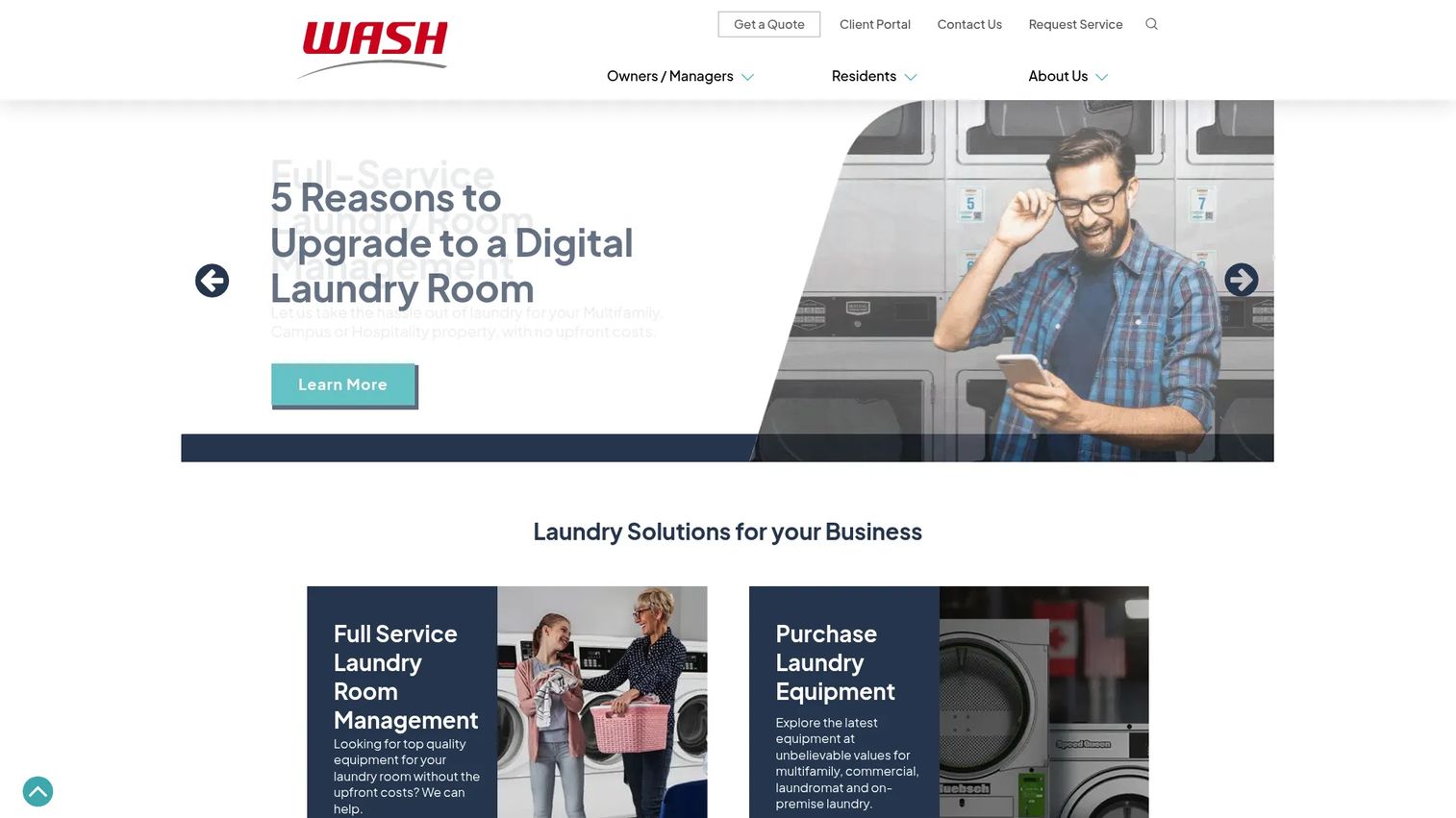 WASH commercial laundry room management homepage