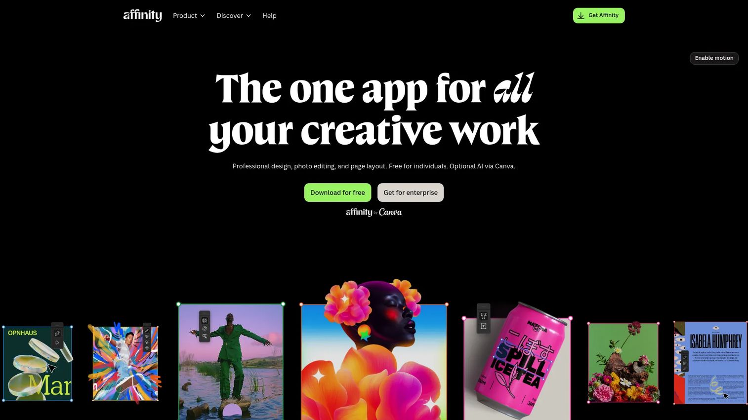 Affinity creative suite homepage showing vector and layout tools