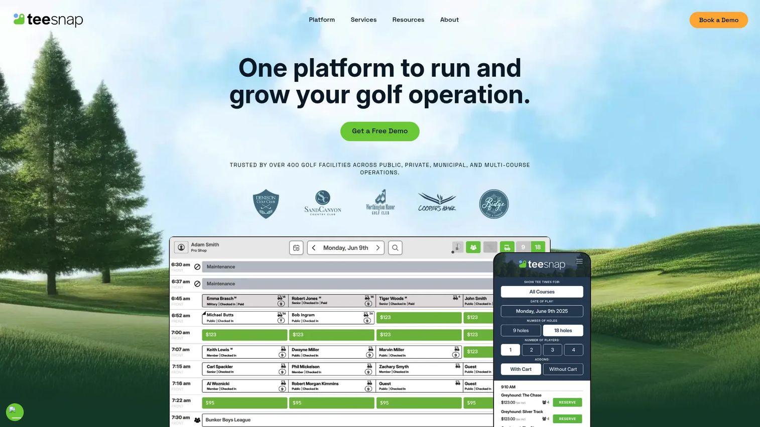 Teesnap golf management platform homepage