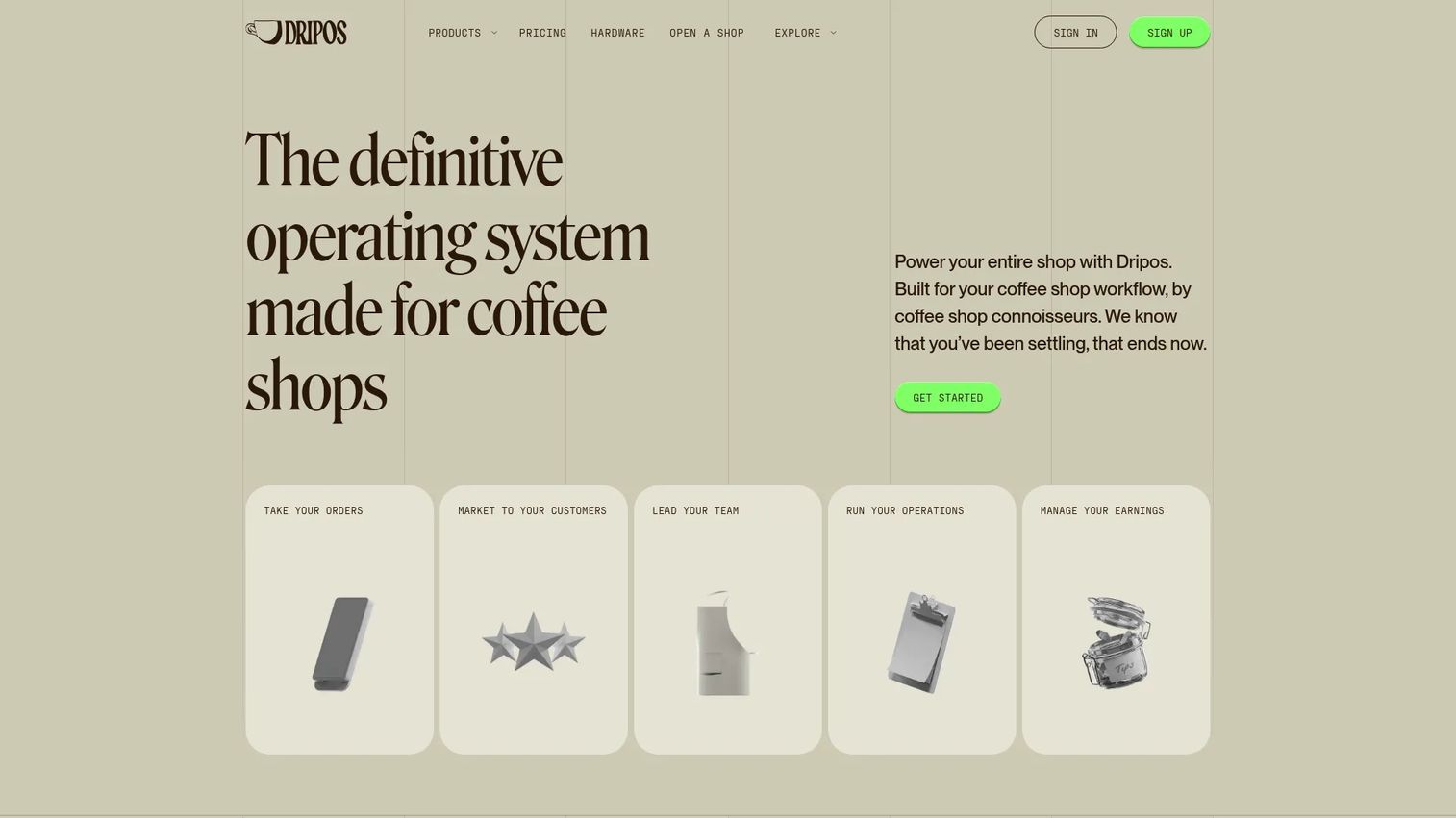 Dripos coffee shop POS and operations platform homepage