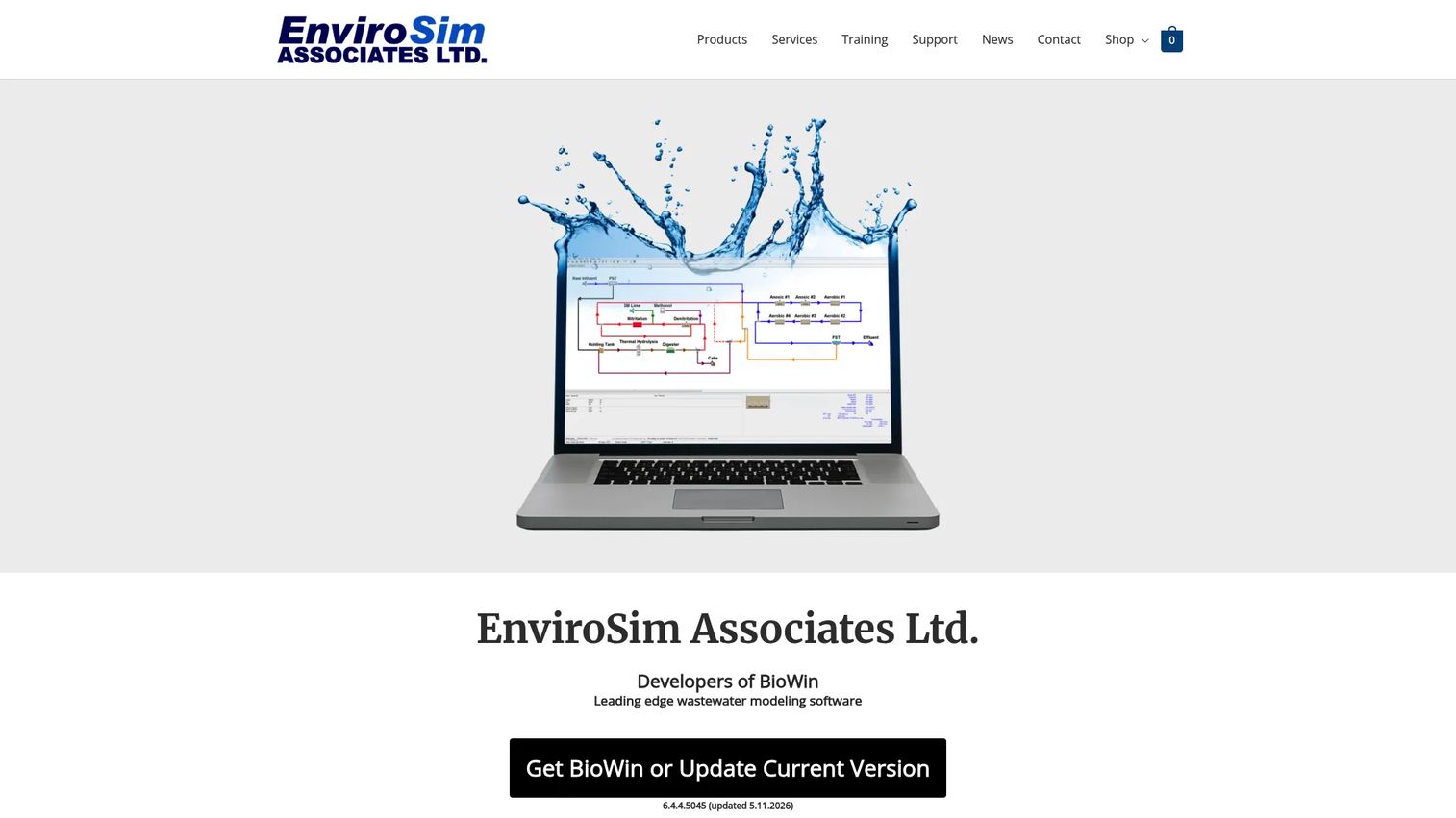 EnviroSim homepage showing its BioWin wastewater treatment process simulation software