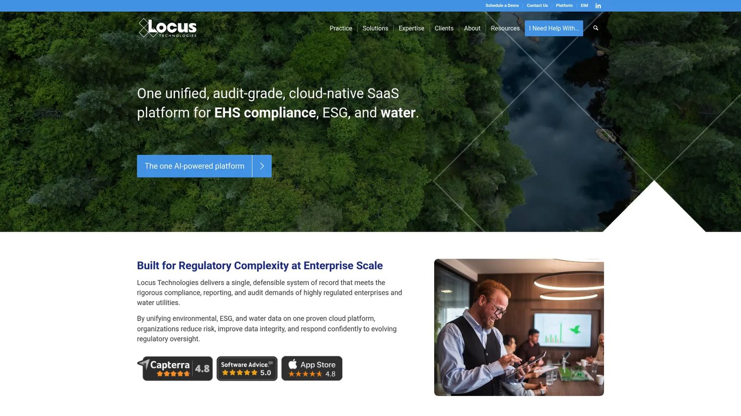Locus Technologies homepage showing its cloud environmental and water compliance software