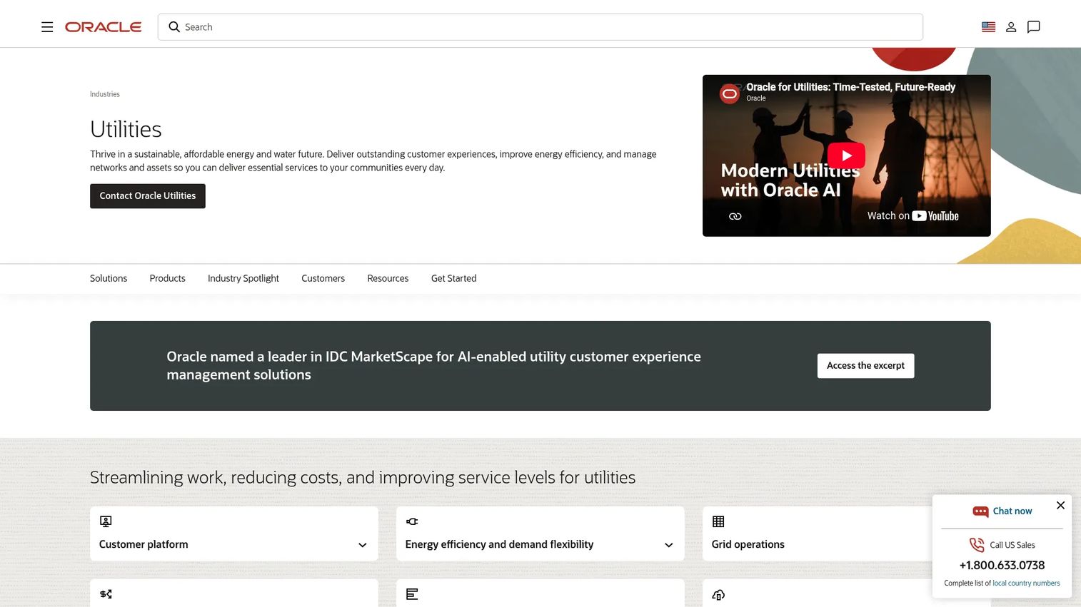 Oracle Utilities homepage showing utility cloud software suite