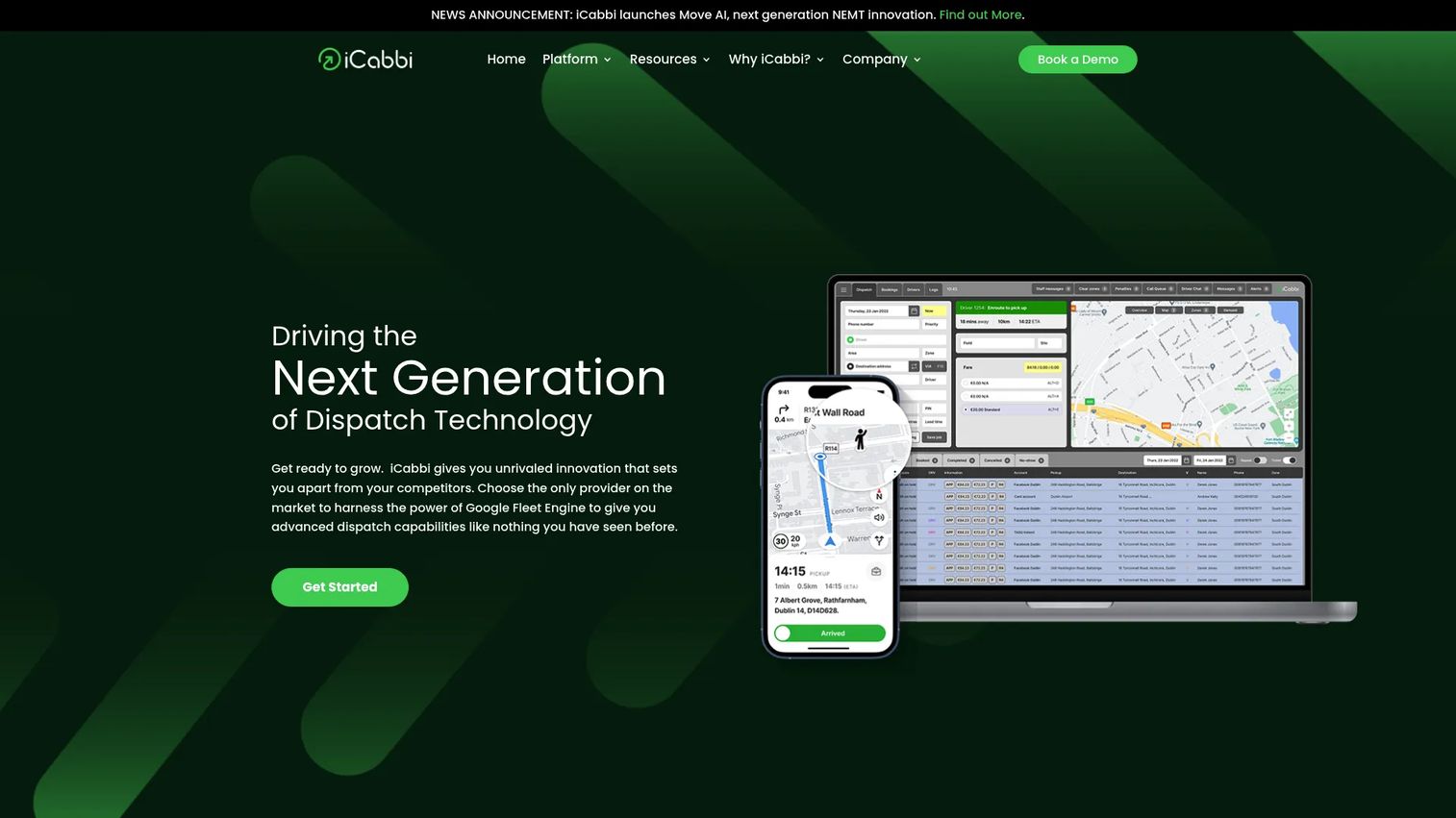 iCabbi taxi dispatch platform homepage