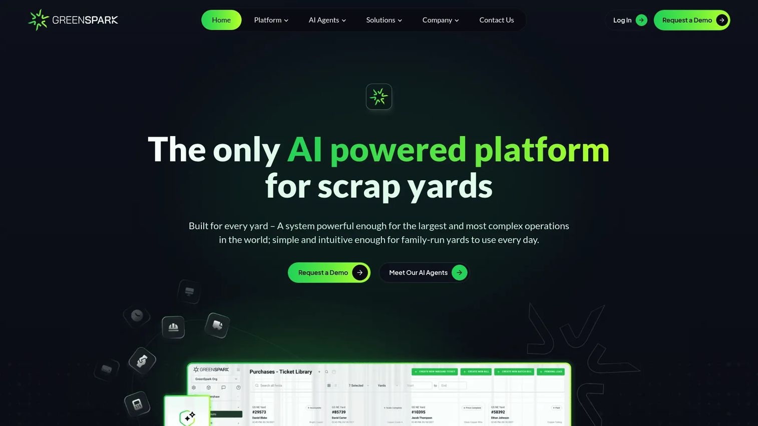 GreenSpark AI-powered scrap yard and recycling operations software homepage