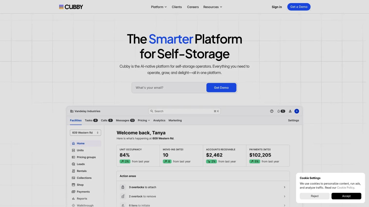 Cubby self-storage software homepage