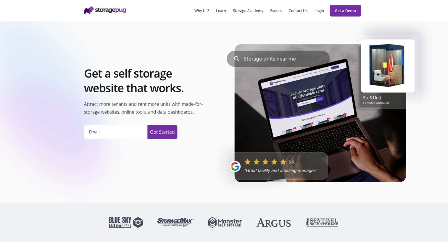 StoragePug self-storage website and software homepage