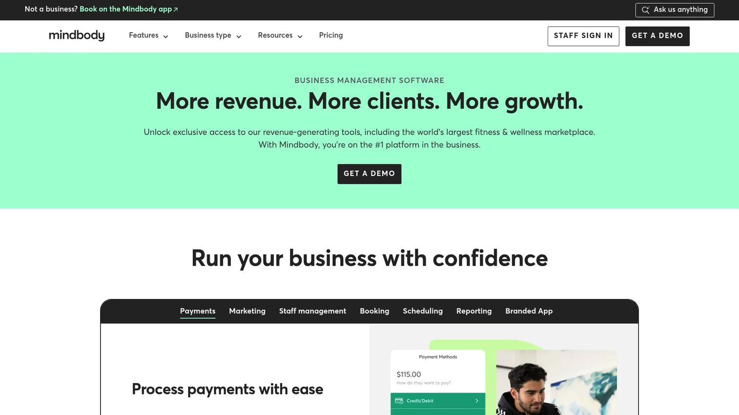 Mindbody business management platform homepage