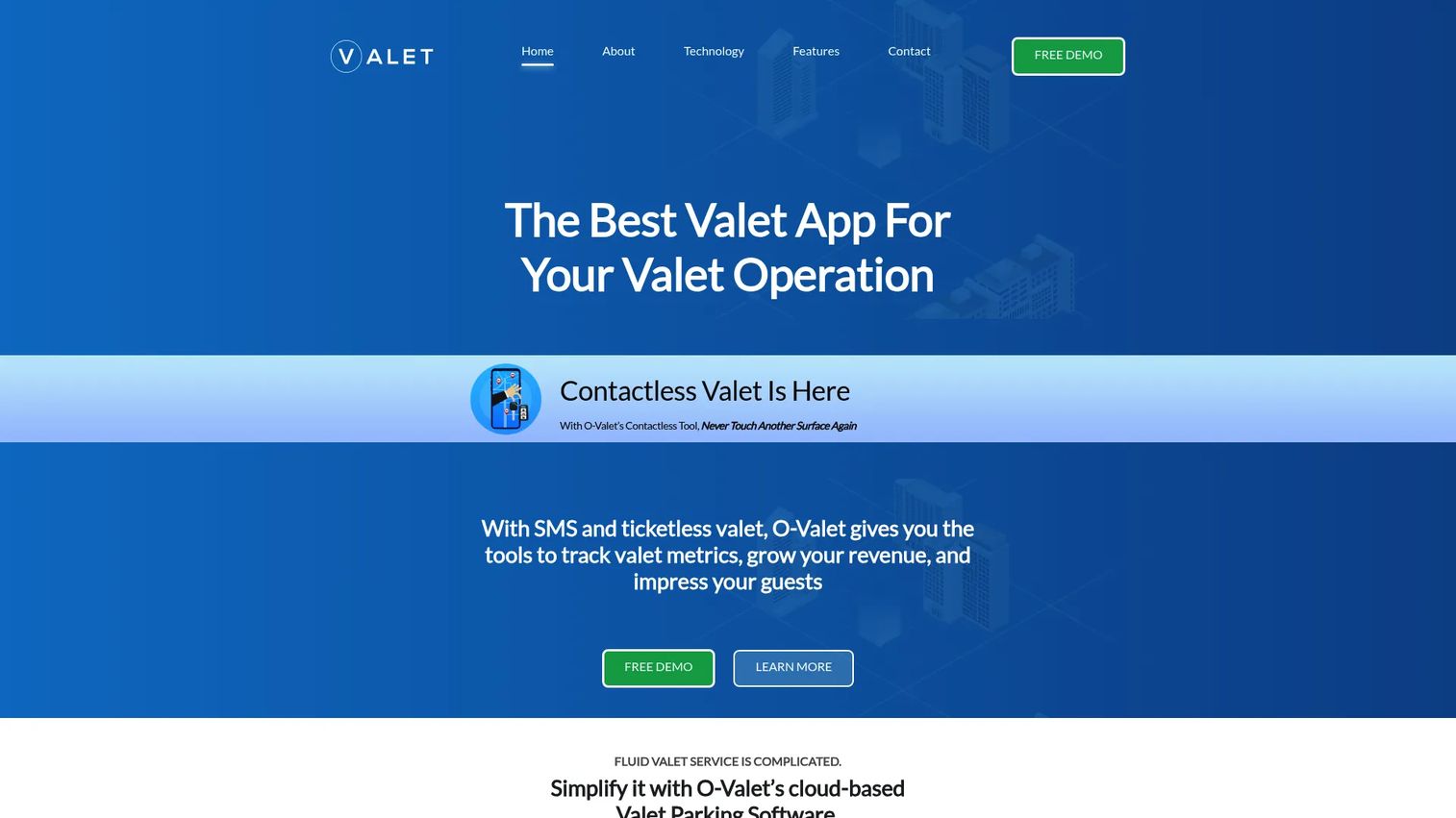 O-Valet valet parking software homepage