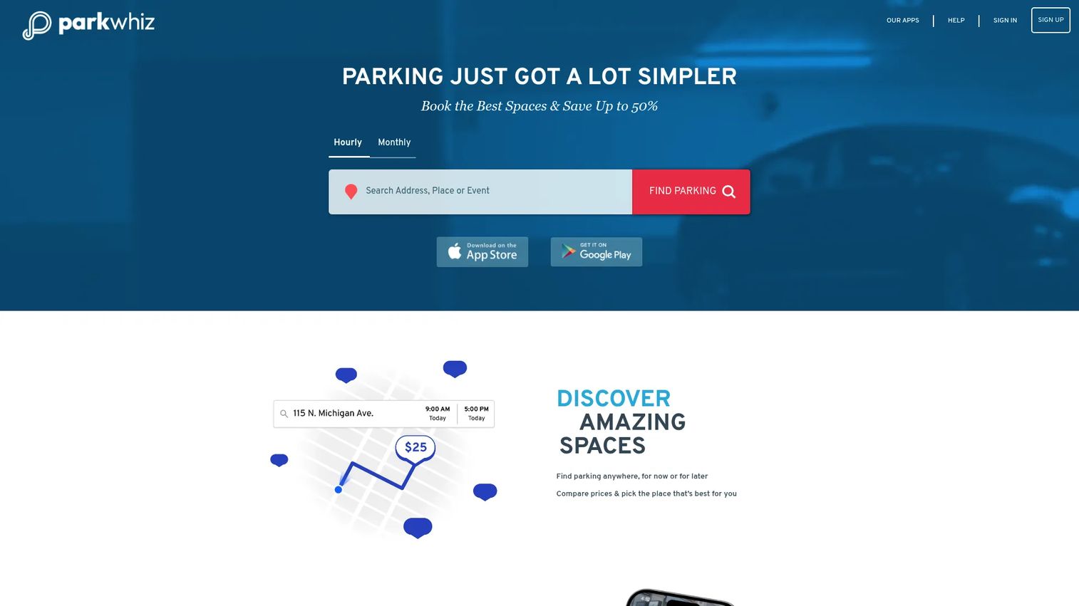 ParkWhiz parking reservation platform homepage