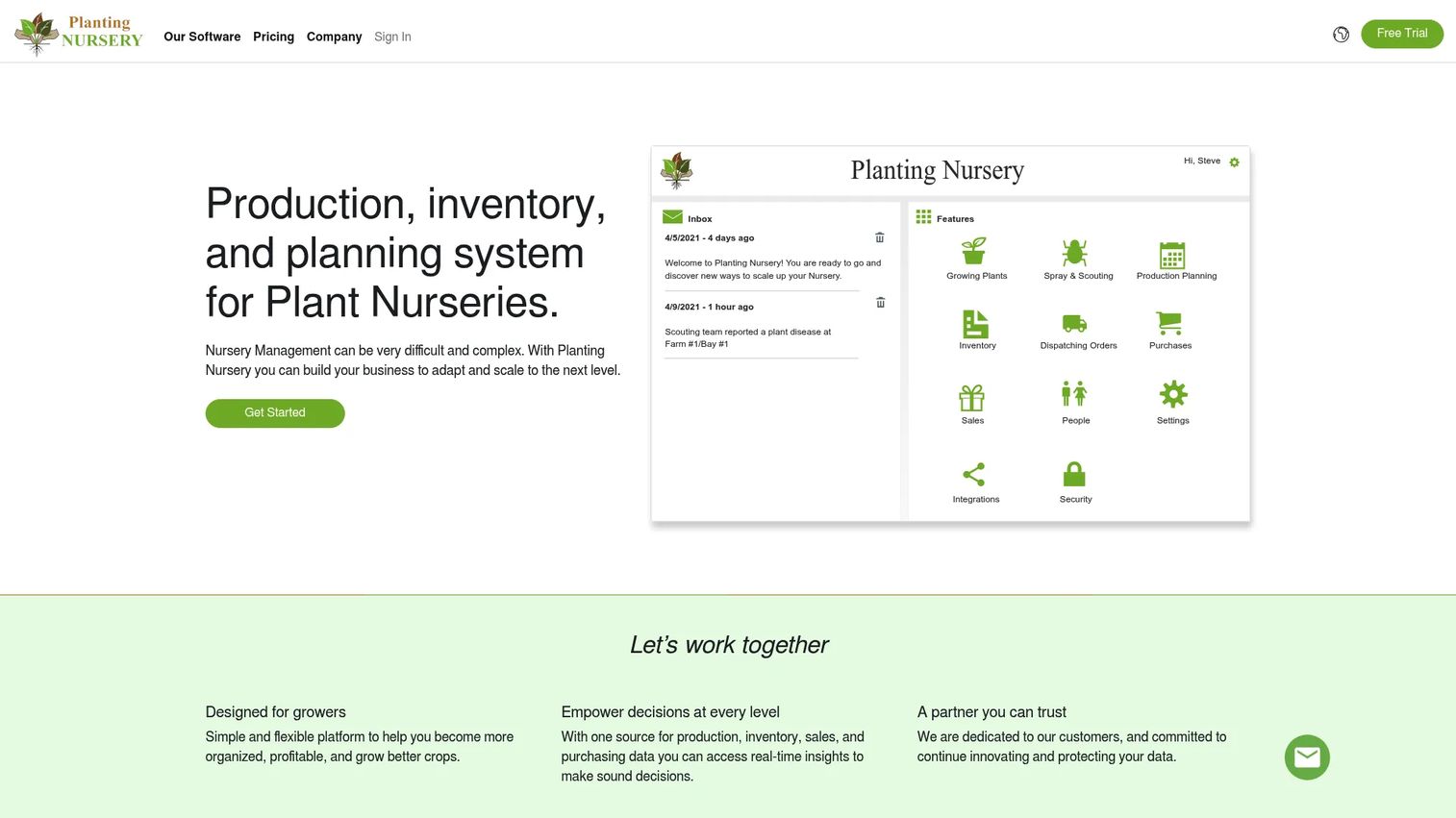 Planting Nursery software homepage showing nursery production and inventory management