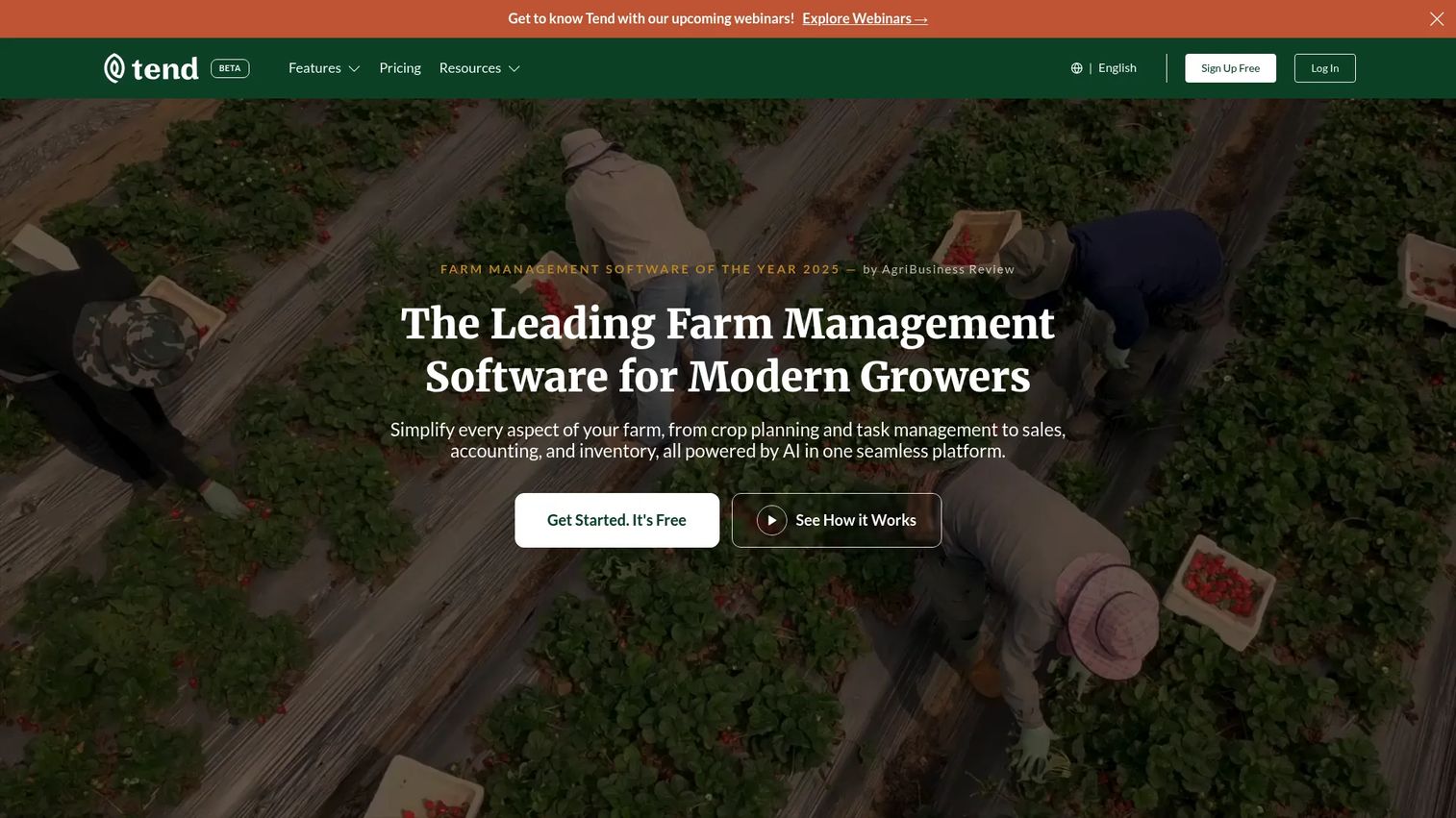 Tend farm management software dashboard showing crop planning and task views
