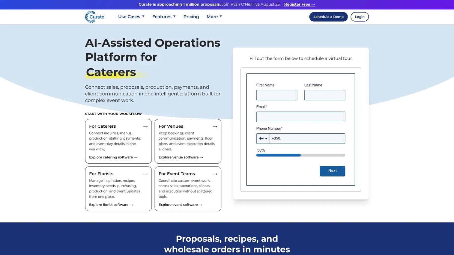 Curate event and florist software homepage