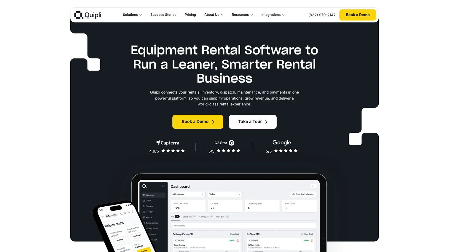 Quipli equipment rental software homepage