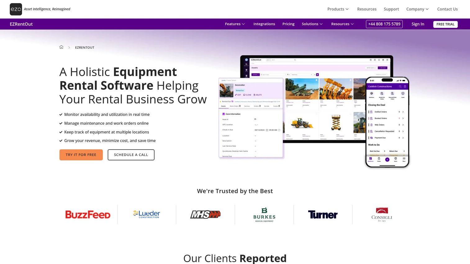EZRentOut cloud-based equipment rental management software homepage