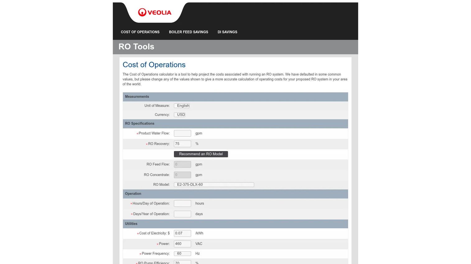 Reverse Osmosis Operating Tools calculator suite on the Veolia website