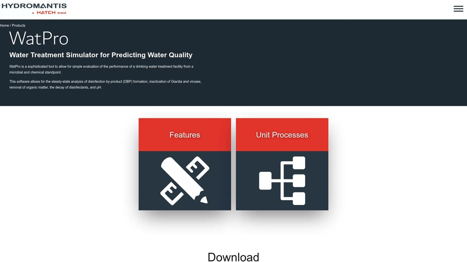 WatPro water treatment simulation software page on the Hydromantis website