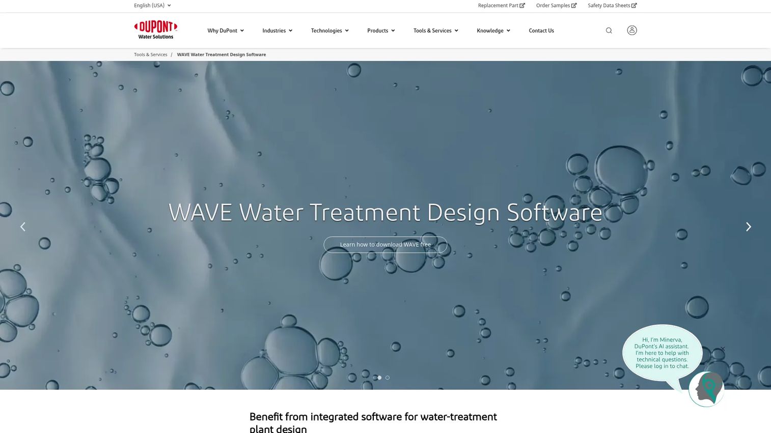 WAVE water treatment design software page on the DuPont website