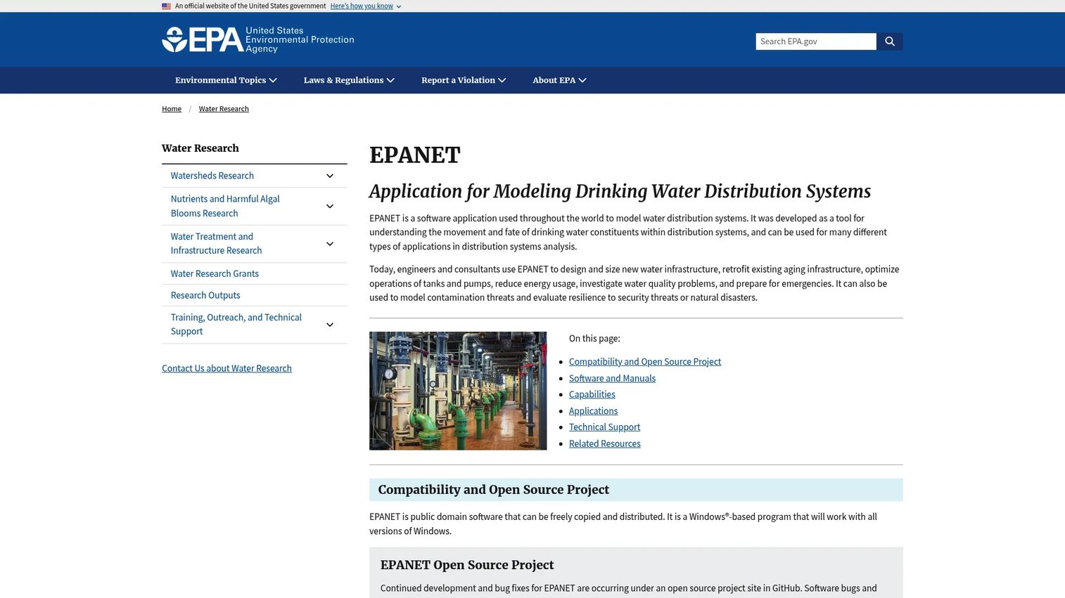 EPANET water distribution modeling software page on the EPA website