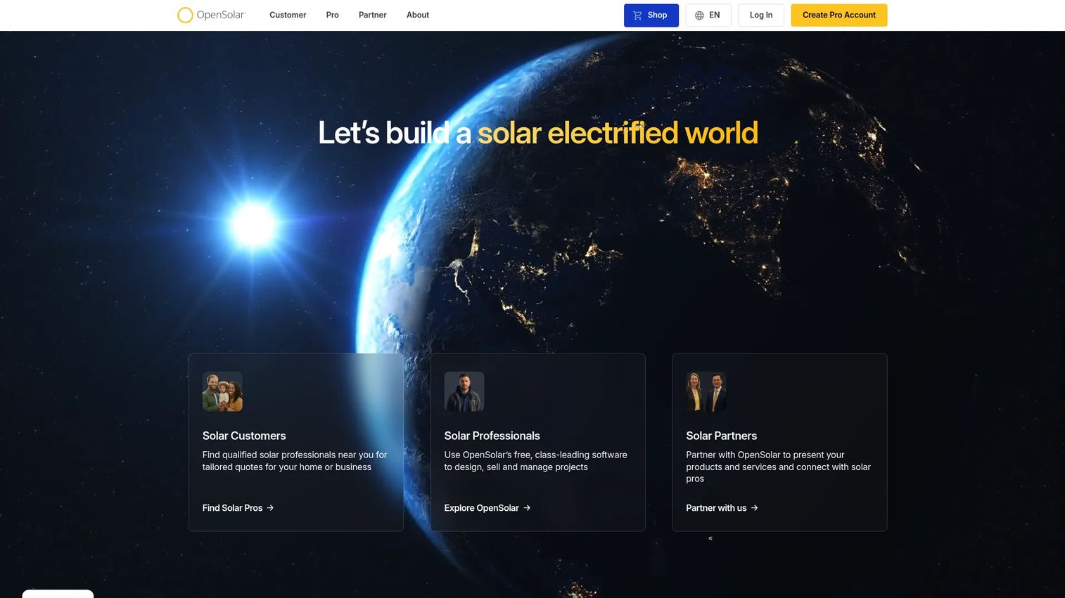 OpenSolar solar design and sales platform homepage