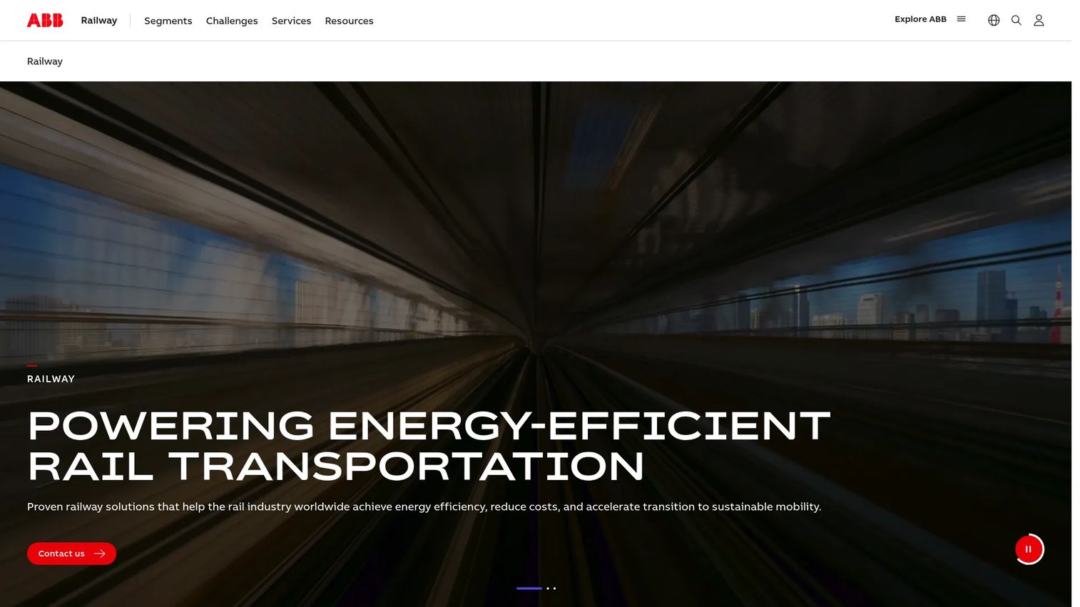ABB Railway homepage showing rail infrastructure and transport solutions