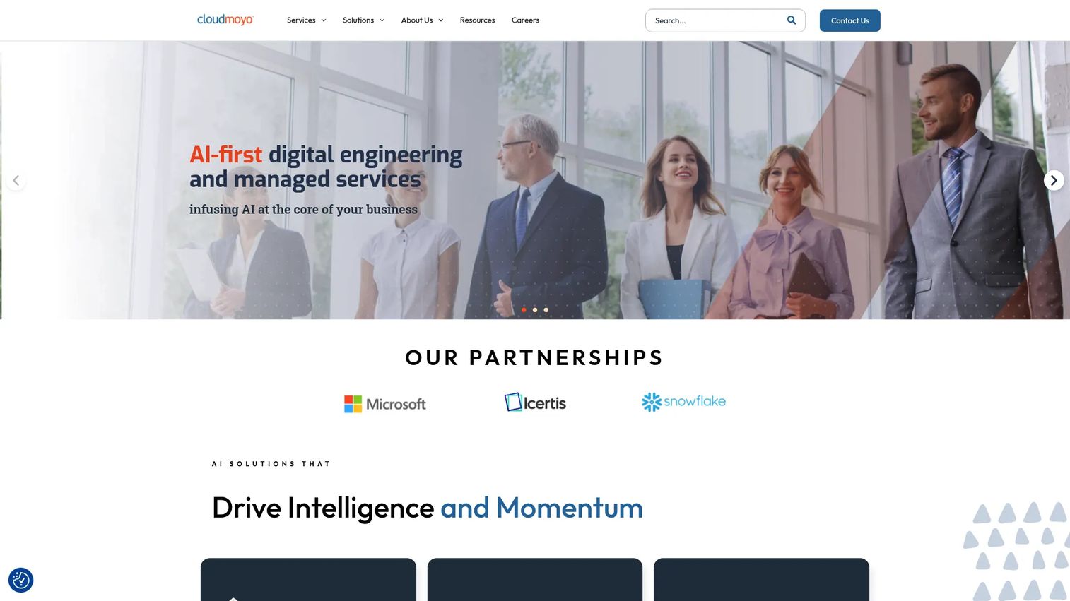 CloudMoyo homepage showing AI-first digital engineering and data services
