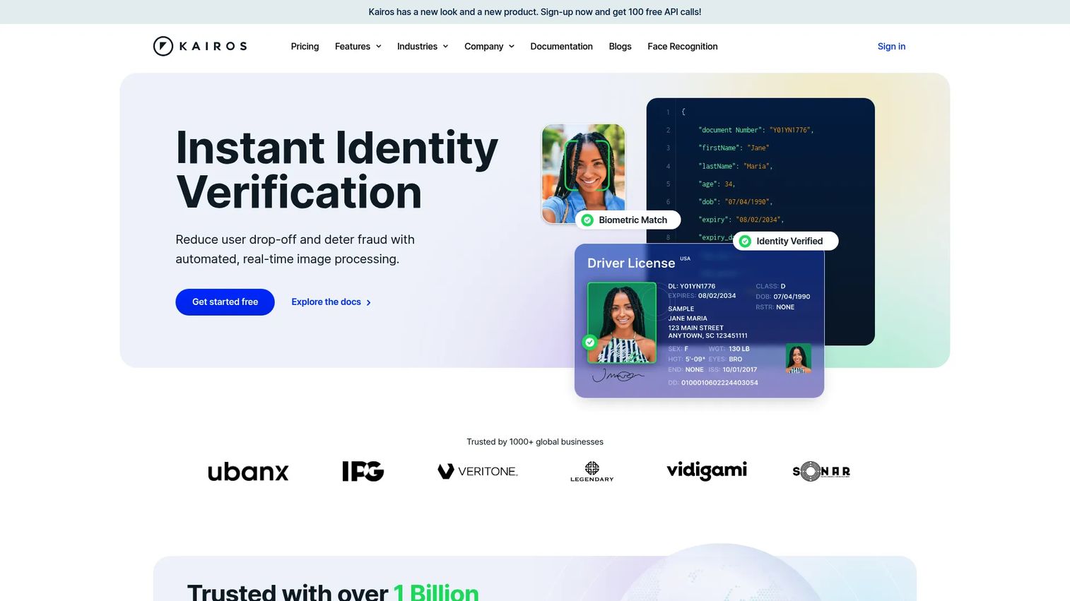 Kairos face recognition and identity verification API dashboard