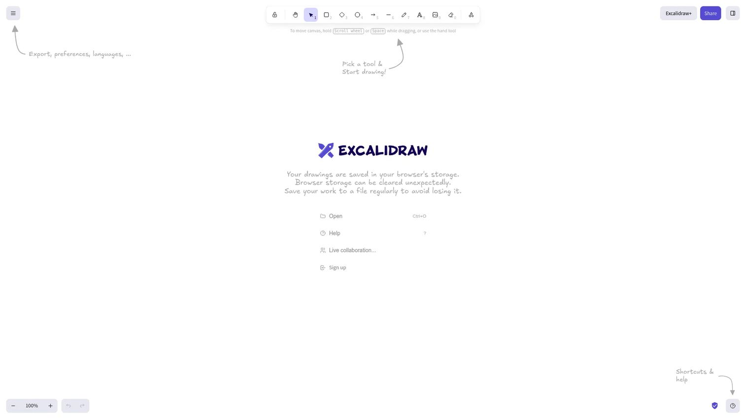 Excalidraw hand-drawn style whiteboard