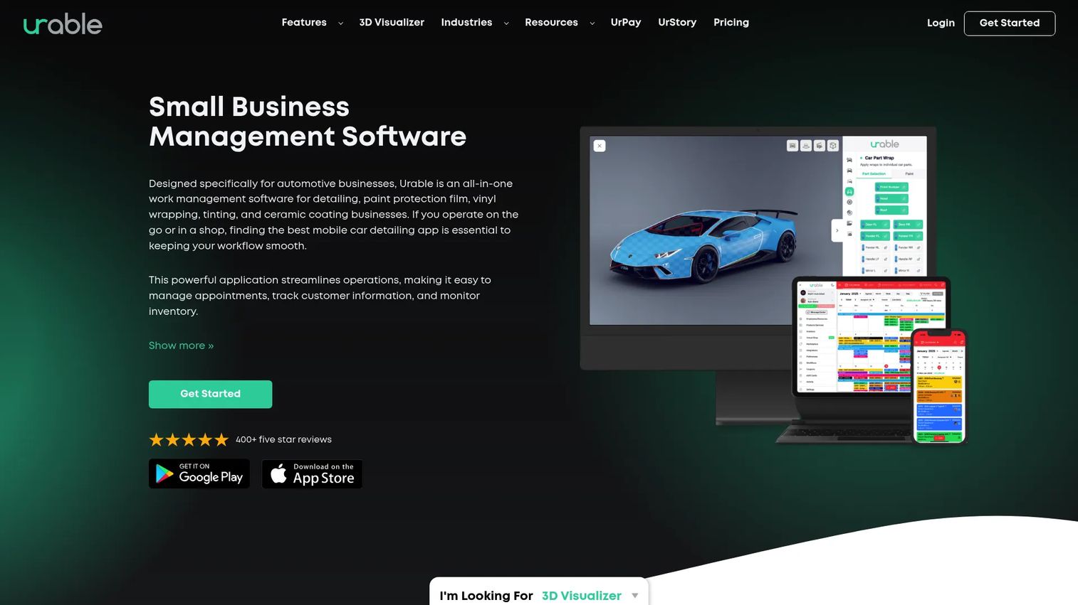 Urable automotive CRM and detailing software homepage
