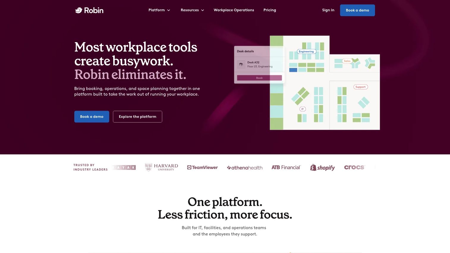 Robin workplace platform showing desk booking and coworker visibility
