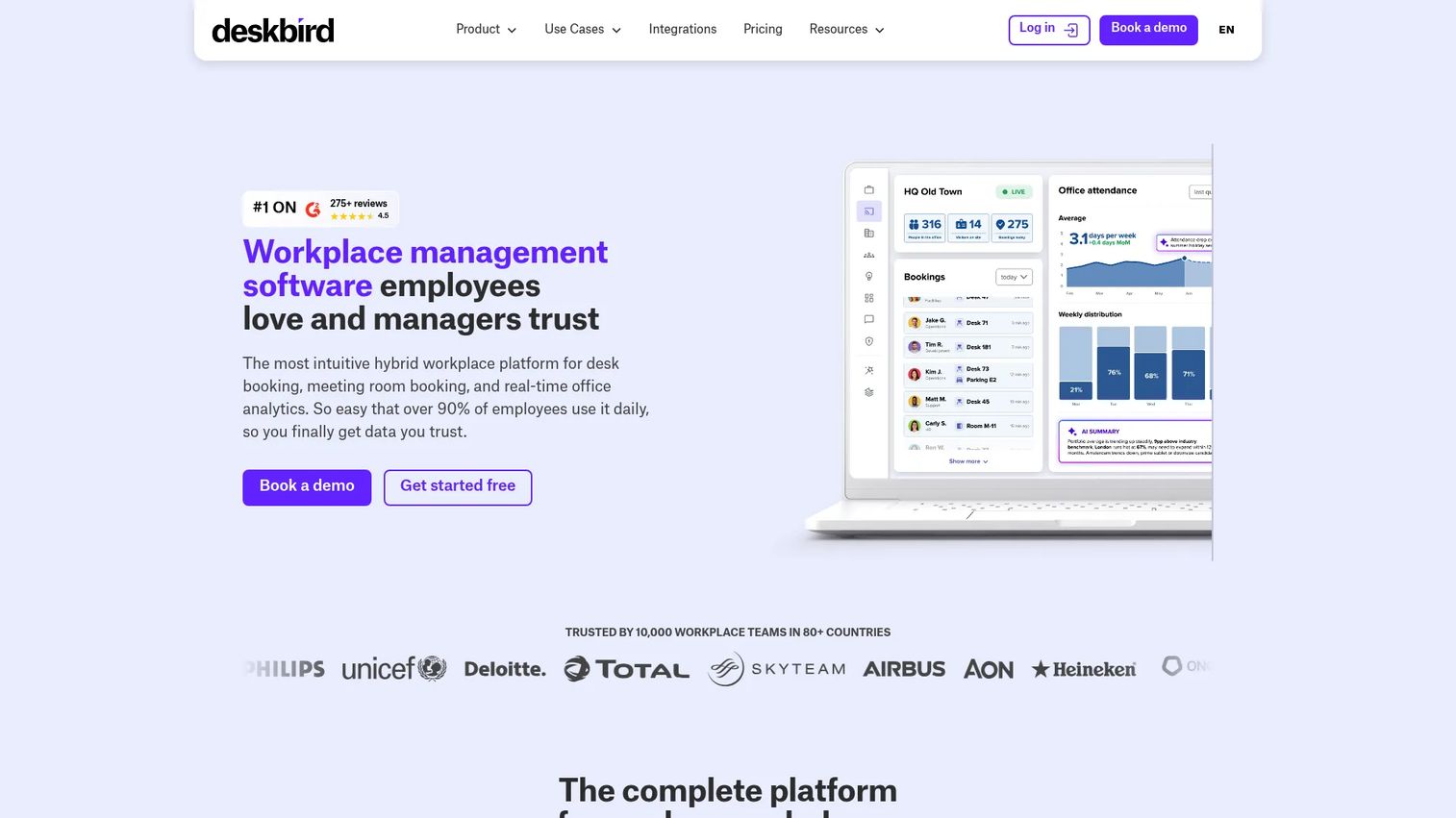 deskbird desk booking app showing live availability and office day planning
