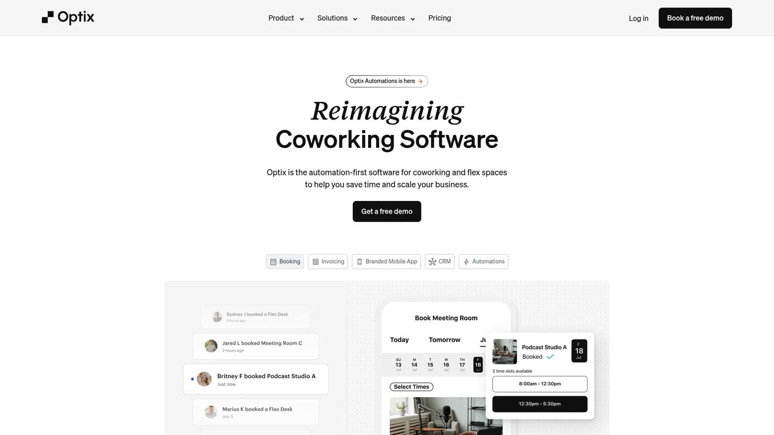 Optix coworking and flex space management app interface