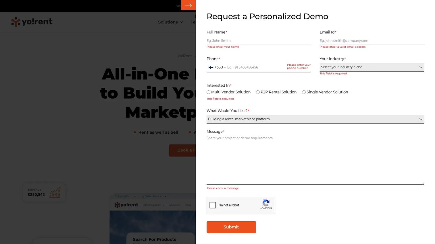 Yo!Rent rental marketplace software homepage