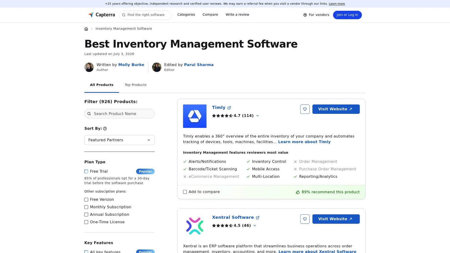 Capterra inventory management software category page