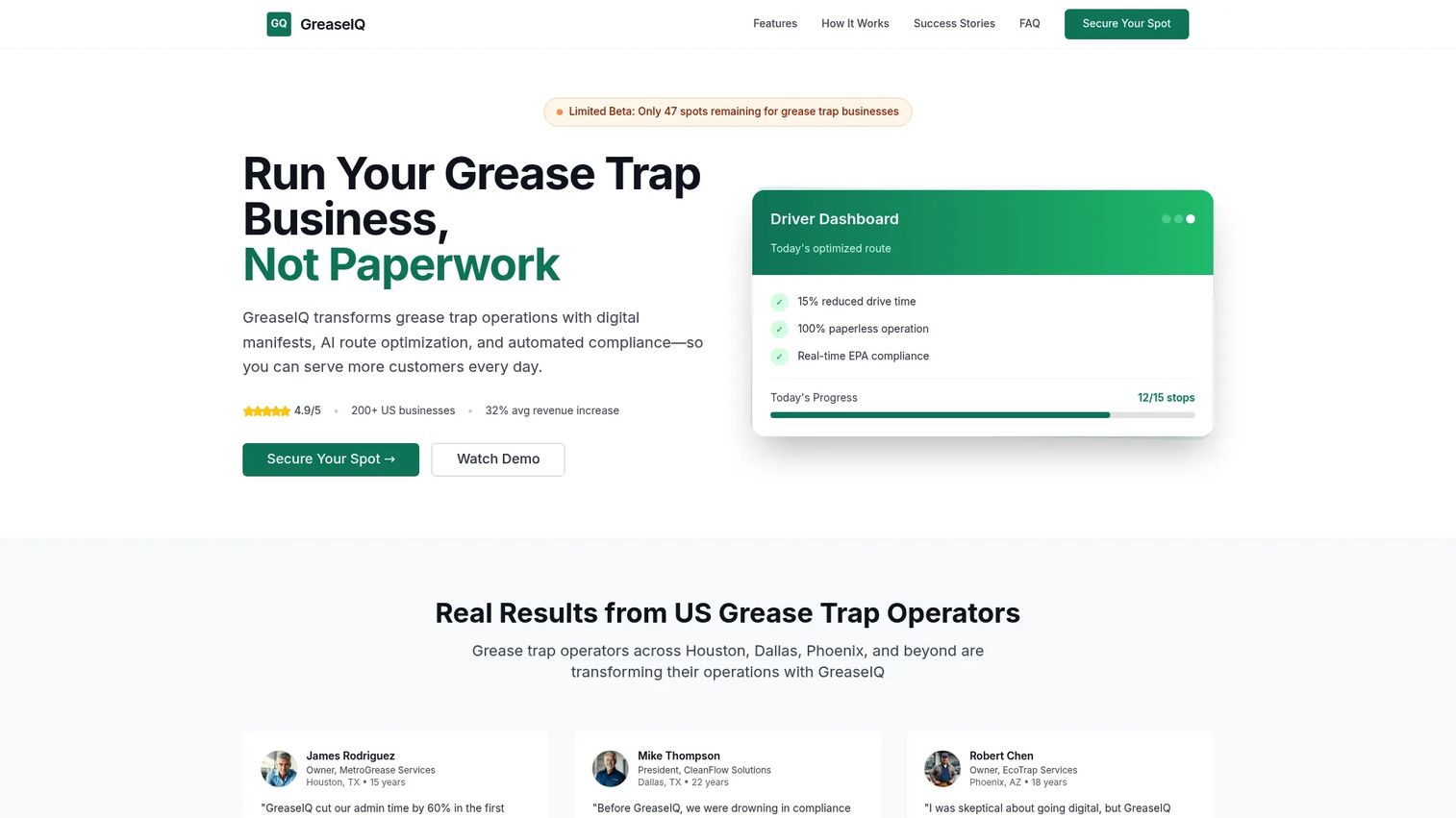 GreaseIQ grease trap compliance software homepage