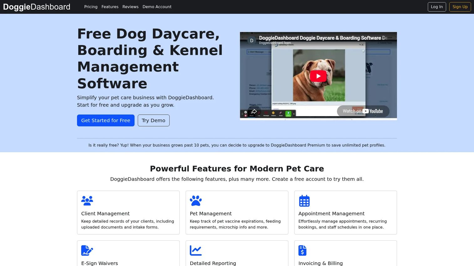 DoggieDashboard free dog daycare and kennel software homepage