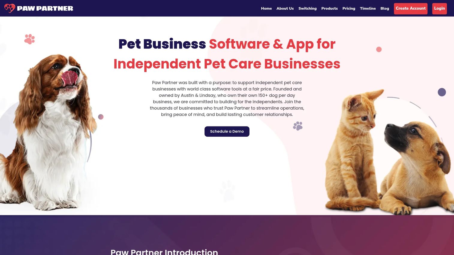 Paw Partner dog daycare and boarding software homepage