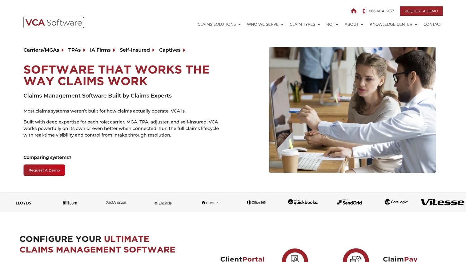VCA Software claims management platform homepage