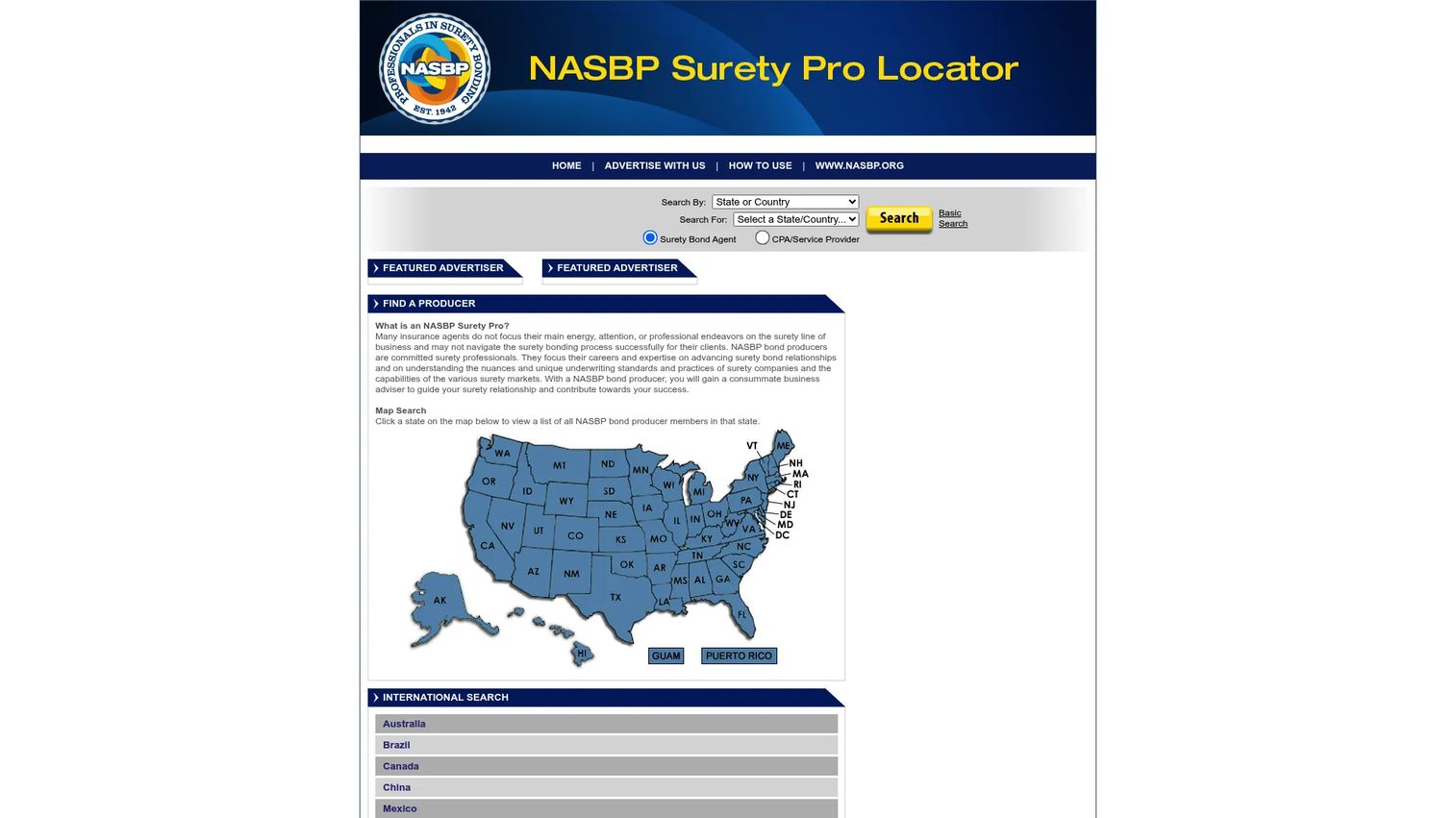SuretyPro Locator directory homepage