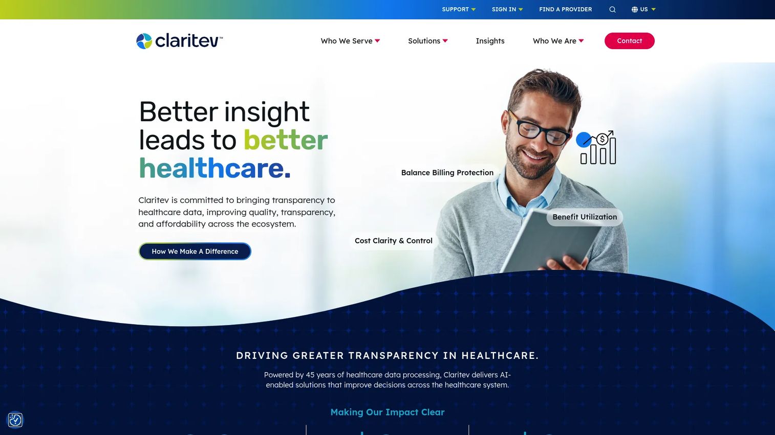 Claritev homepage showing healthcare cost, network, and payment integrity solutions