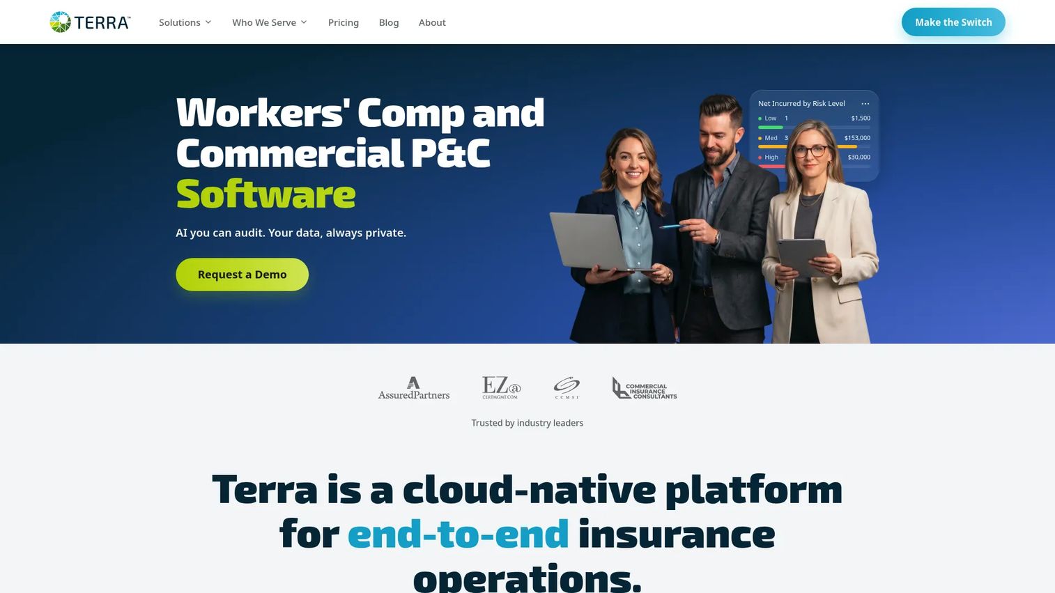 Terra homepage showing cloud-native insurance claims and policy software