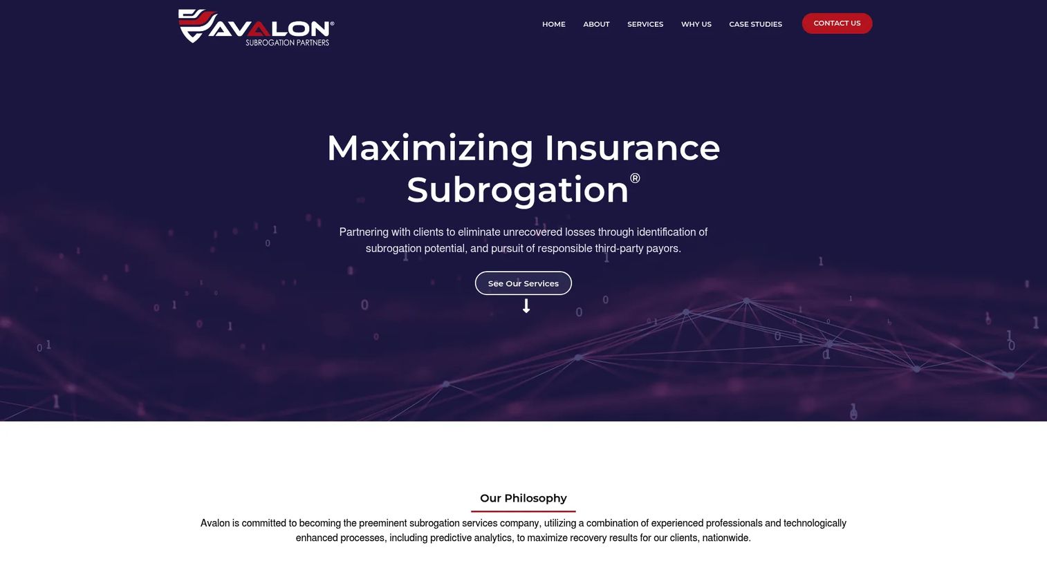 Avalon Subrogation homepage showing subrogation recovery services and SubroAI