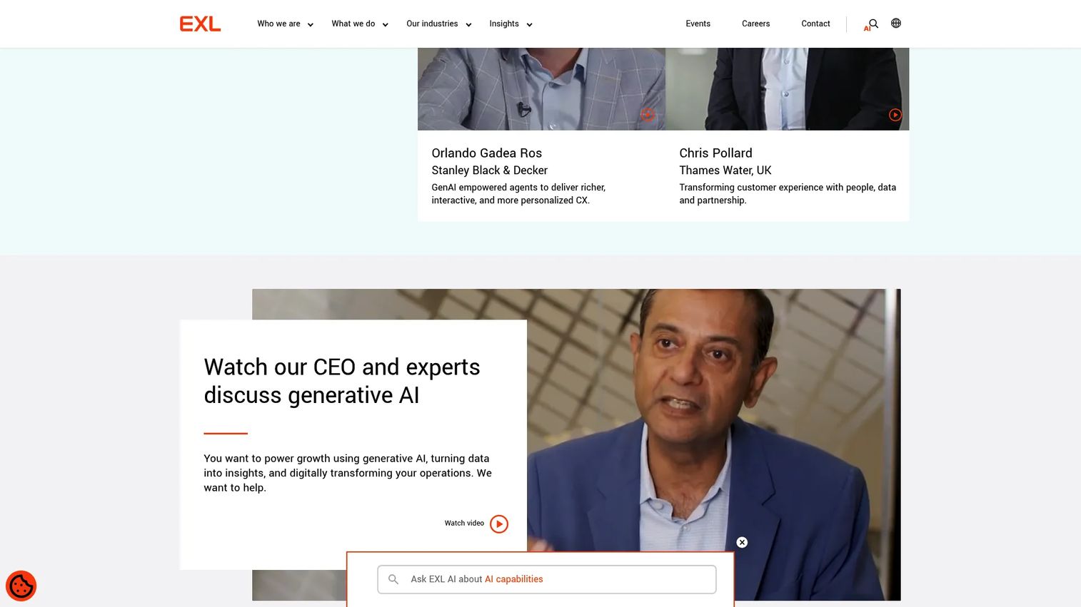 EXL homepage showing data and AI services for enterprises
