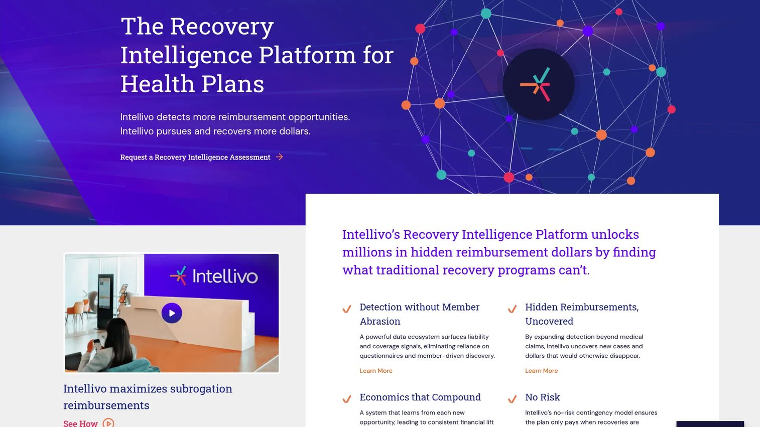 Intellivo homepage showing recovery intelligence for health plans