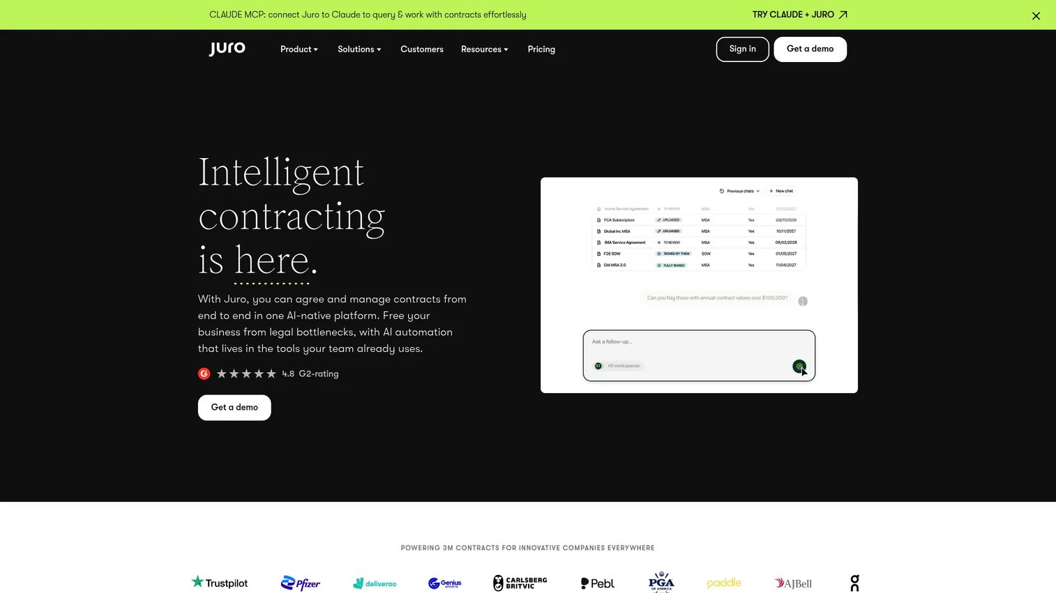 Juro AI-native contract automation platform homepage