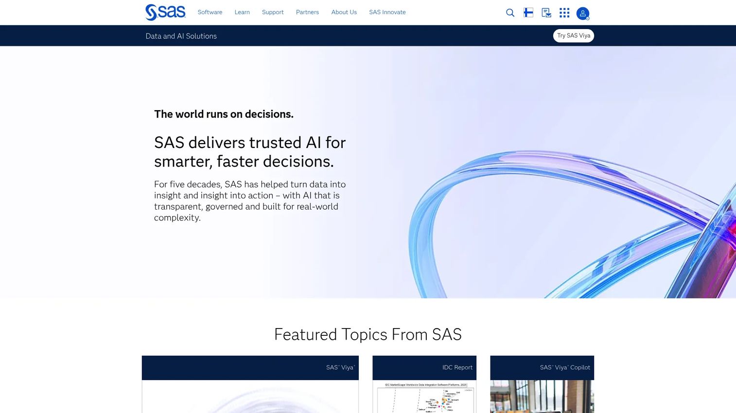 SAS analytics and AI software platform homepage