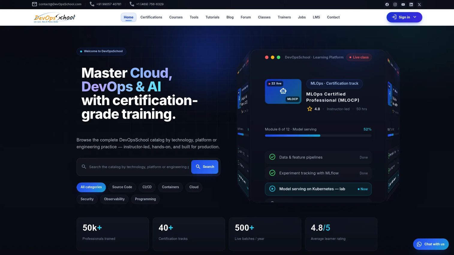 DevOpsSchool online training and certification homepage