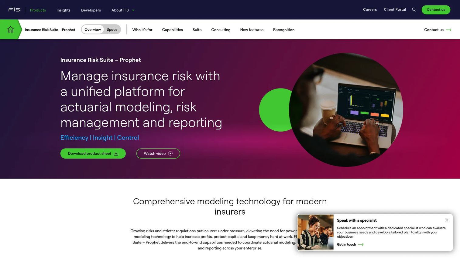 FIS Insurance Risk Suite Prophet actuarial platform homepage